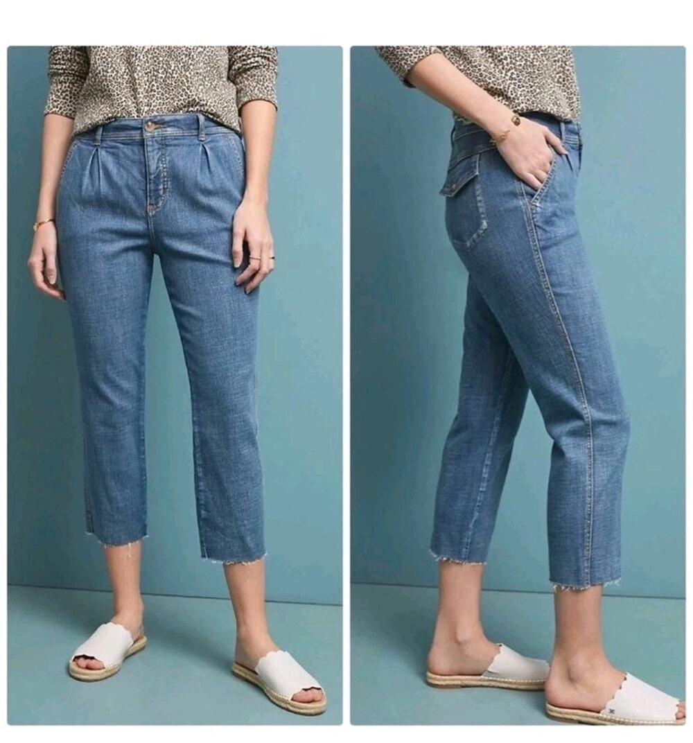 Anthropologie Womens Sz 31 Pilcro Pleated Frayed Crop Trouser Blue Jeans Pockets